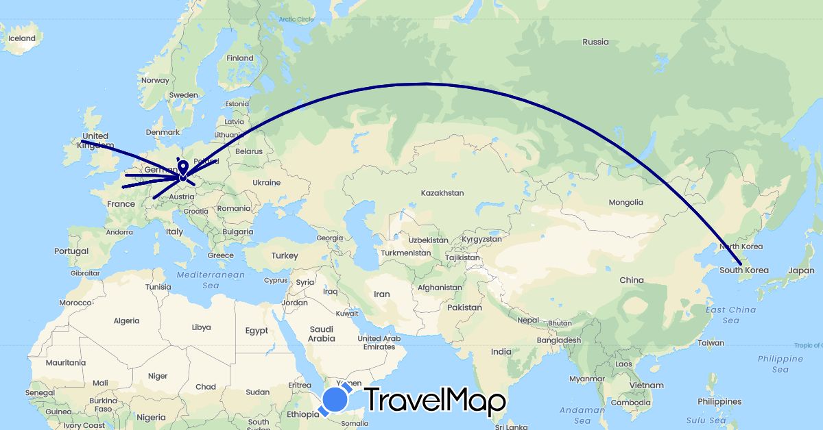 TravelMap itinerary: driving in Switzerland, Czech Republic, Germany, France, United Kingdom, South Korea, Poland (Asia, Europe)